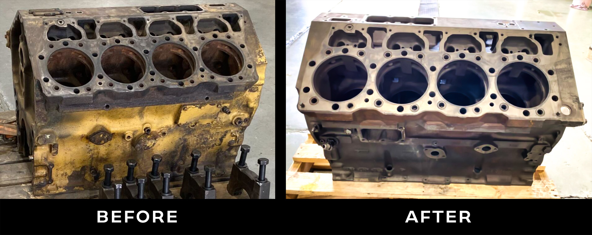 Engine parts washing before and after photo using Apollo Cleaning chemicals EziClean and EziBoost